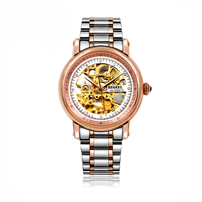 宾爵（BEGEEL）手表 镂空系列机械男士手表 男士镂空全自动机械手表玫瑰金天然真钻精钢防水男士手表