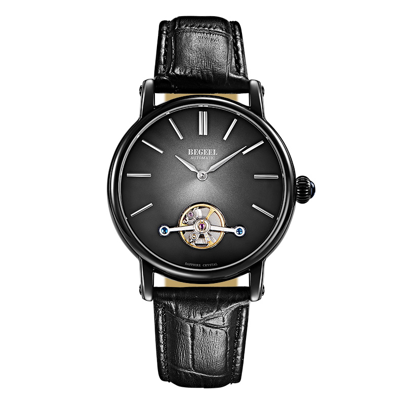 宾爵(begeel)手表 酷黑系列全自动机械时尚精钢防水真皮镶钻商务男士