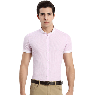 红豆相思鸟男装 夏款棉质男士小格子短袖衬衫 修身男经典时尚格纹尖领短袖