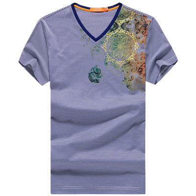 红豆相思鸟男装夏季大身条纹前胸印花纯棉短袖T恤