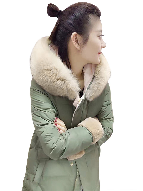 bobowaltz春装女新款大衣 时尚粉绿色修身中长款外套大毛领气质羽绒服B162b6135p3360