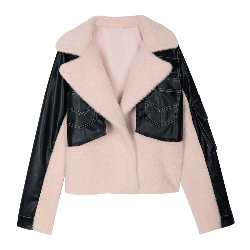 赛美意(SAIMEIYI)欧洲站春夏季2019新款欧货时尚气质夹克翻领拼接短款皮毛一体外套女S183m09172p