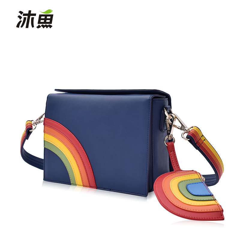 沐鱼包包女2018新款潮韩版休闲斜跨小方包彩虹时尚宽肩带单肩包 微笑彩虹蓝