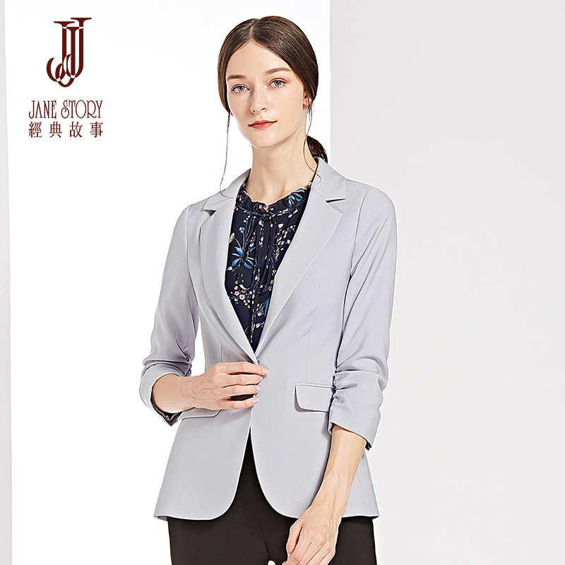 经典故事女装秋季时尚西装女七分收褶袖摩登通勤西服上衣