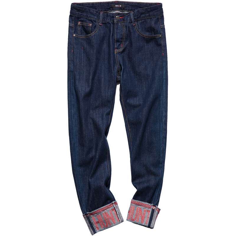 海德斯曼2019春秋季蓝色牛仔裤男 修身小脚裤子翻边休闲长裤潮80017