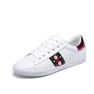 卡芙琳 SCL18001-02 春季新款平底运动鞋时尚撞色蛇纹炫彩侧织带珍珠铆钉休闲鞋小白鞋