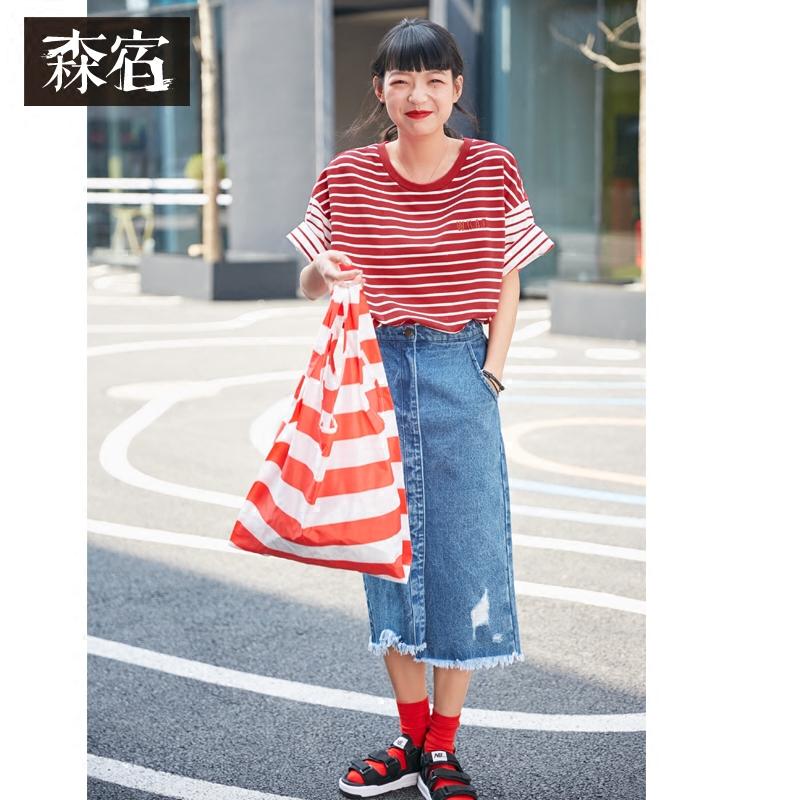 森宿Y条纹短袖t夏装2018新款学院风ins超火刺绣撞色圆领T恤女J
