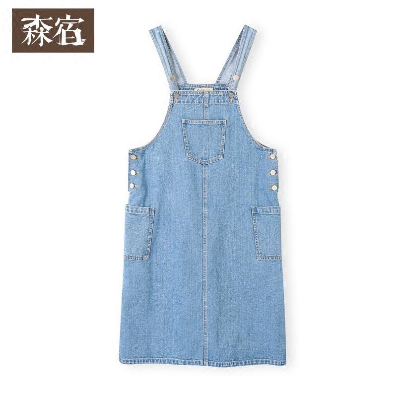森宿Y夏装2018新款ins超火裙子口袋宽松拼接牛仔背带裙女K