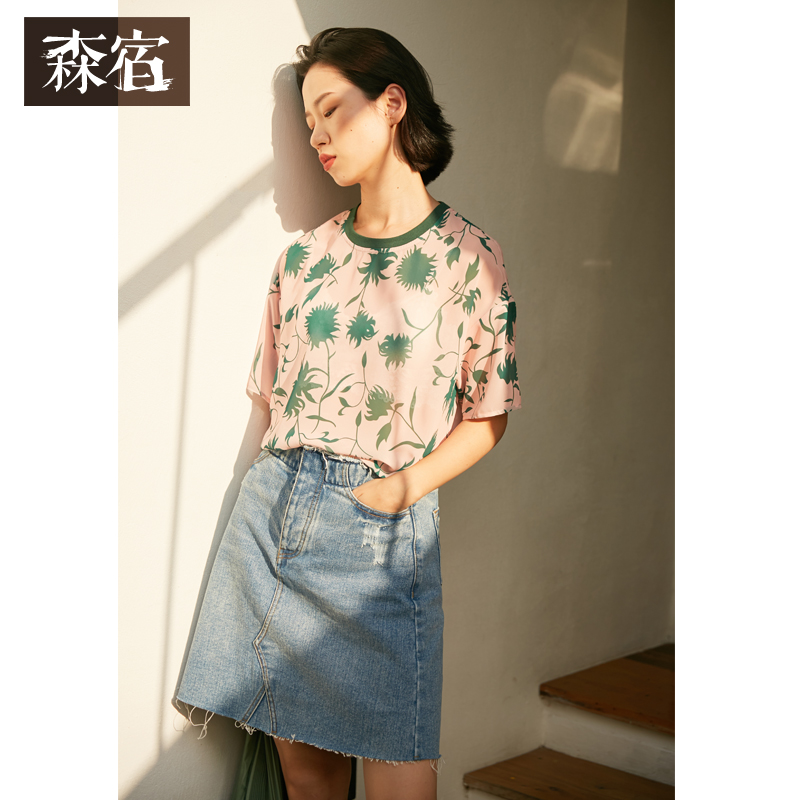 森宿Y宽松碎花雪纺衫女夏装2018新款ins显瘦圆领短袖小清新上衣M
