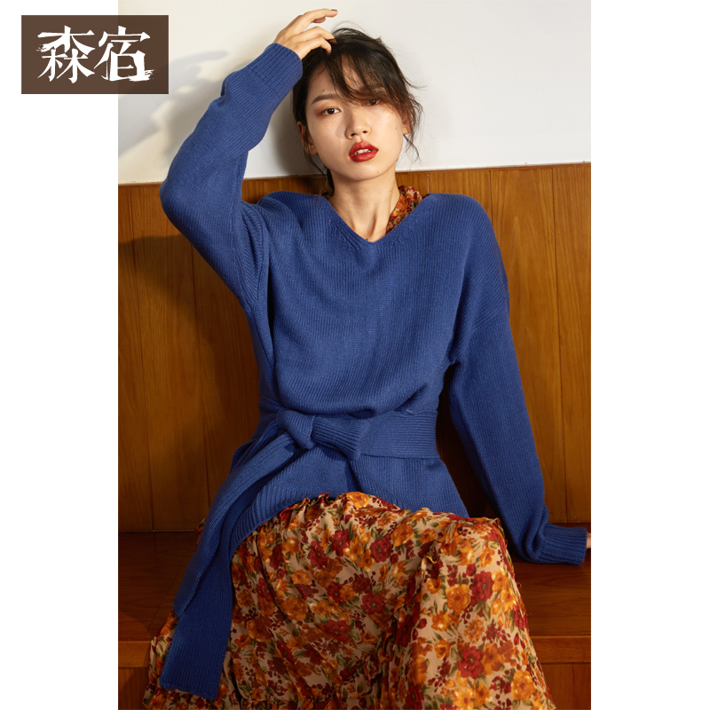 森宿Y冬装2018系带收腰V领中长款蓝色套头外穿针织宽松毛衣女