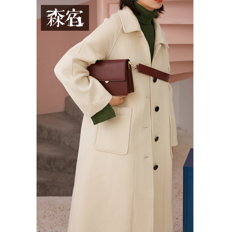 森宿Y纯色翻领毛呢大衣女冬装2018新款ins宽松加厚中长款呢子外套