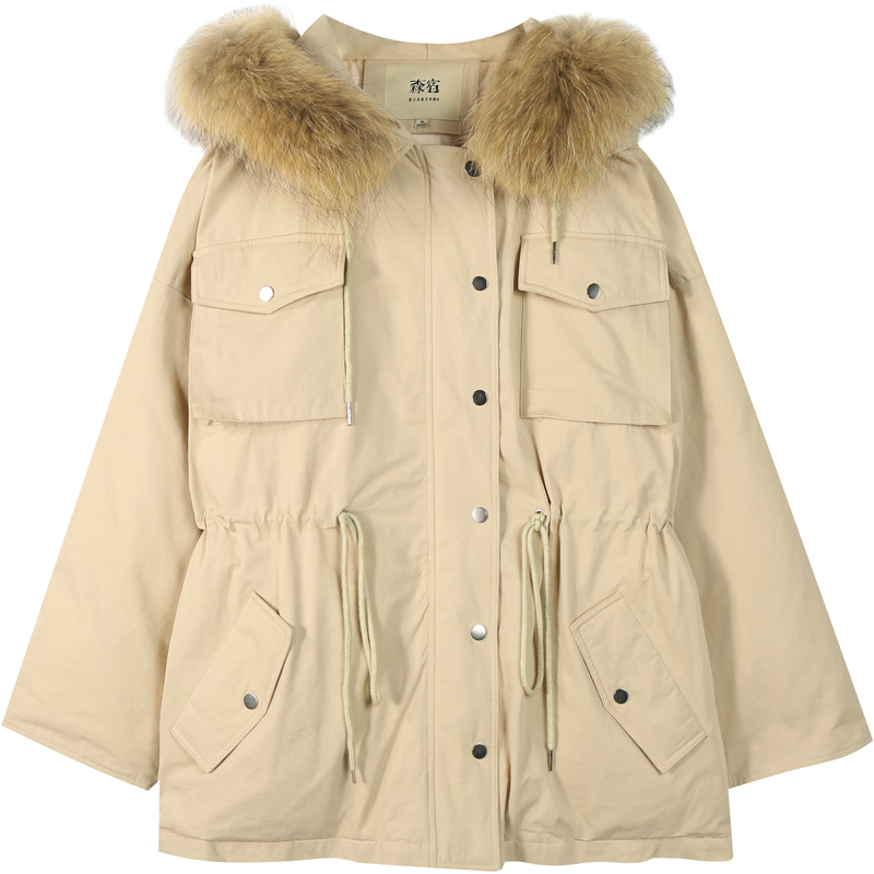 森宿Y冬装2018新款工装风大毛领装饰连帽加厚保暖羽绒服女中长款