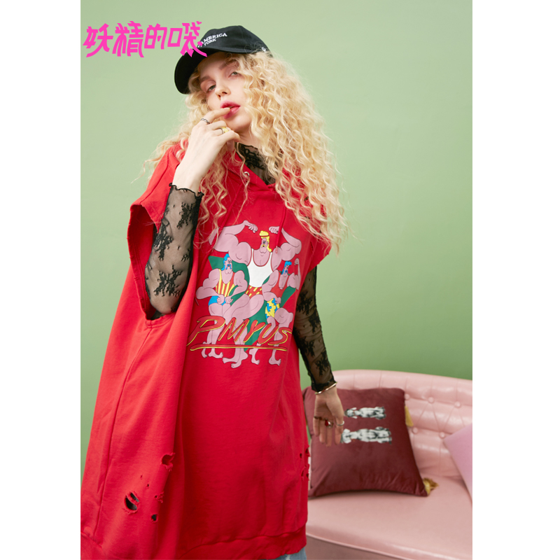 妖精的口袋Y酷卫衣女潮秋装破洞红色chic韩版连帽卫衣女J_1
