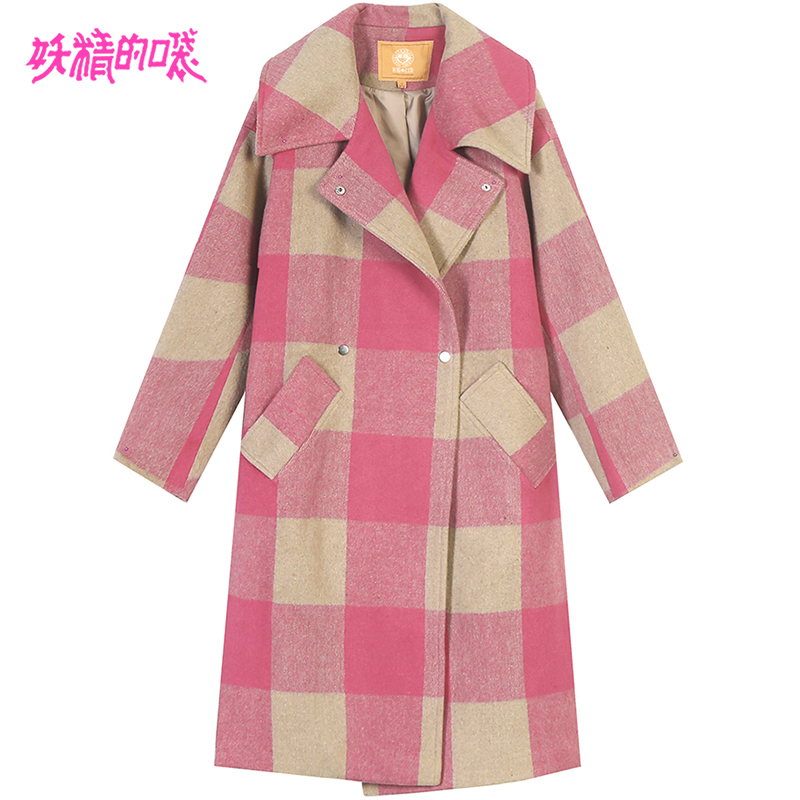 妖精的口袋Y红色格子呢子大衣女韩版冬装中长款毛呢外套R_1