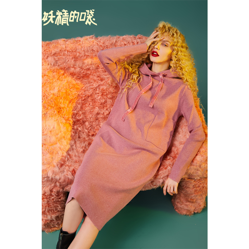 妖精的口袋Y早秋通勤长袖连衣裙女冬装韩版连帽卫衣裙子_1