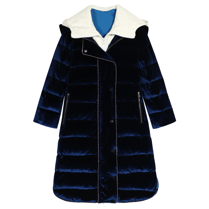 妖精的口袋Y韩版丝绒加厚白鸭绒羽绒服女冬装中长款外套R_1