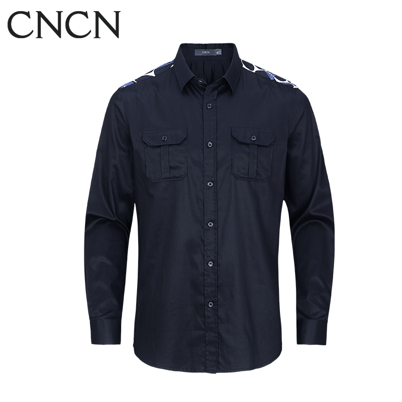 CNCN男士长袖衬衫 绣花舒适时尚纯棉修身黑色经典男装男衬衫|NCCJ3569