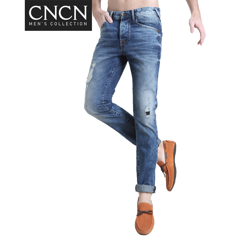 CNCN牛仔裤 男士四季长裤潮流破洞裤男裤合身中腰纽扣门襟时尚|NQRJ1011
