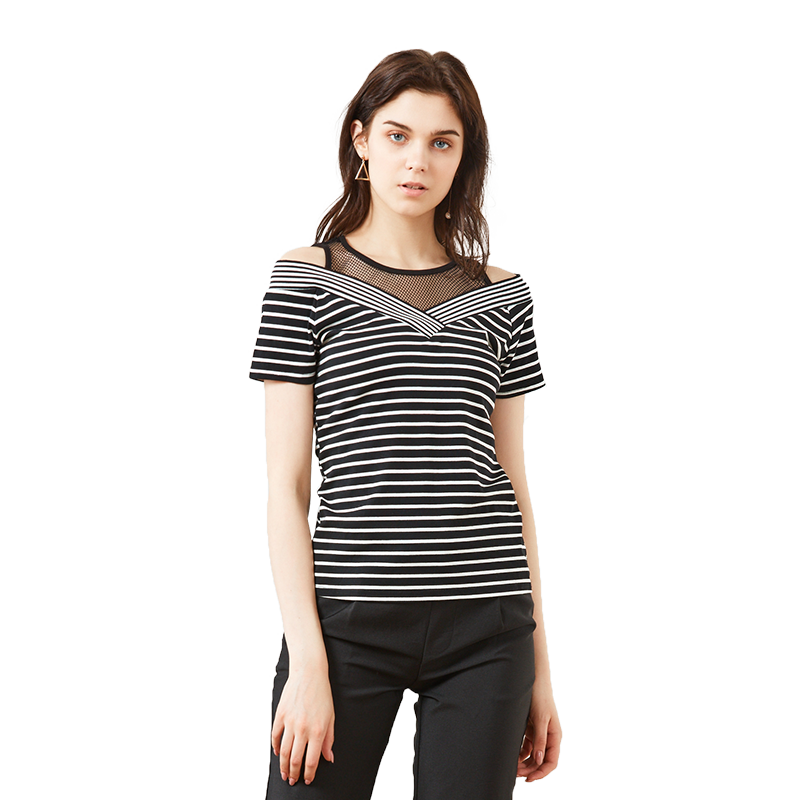2018夏季新款T恤女短袖V领条纹纱网个性韩版百搭上衣修身显瘦体恤