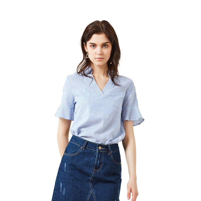 衬衫女2018夏季新款纯棉韩版时尚短袖宽松条纹bf学院风气质上衣潮
