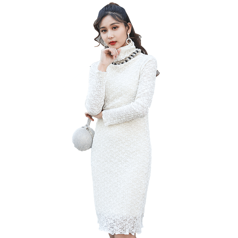 美丽衣橱纳利姿2018春季新款时尚气质淑女纯色高领显瘦连衣裙NL-A3