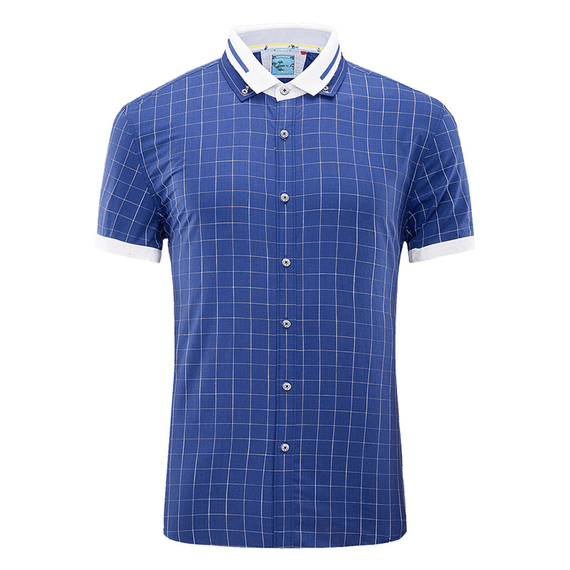 CAMEL骆驼男装 夏季时尚双层领修身格子日常休闲短袖衬衫男衬衣