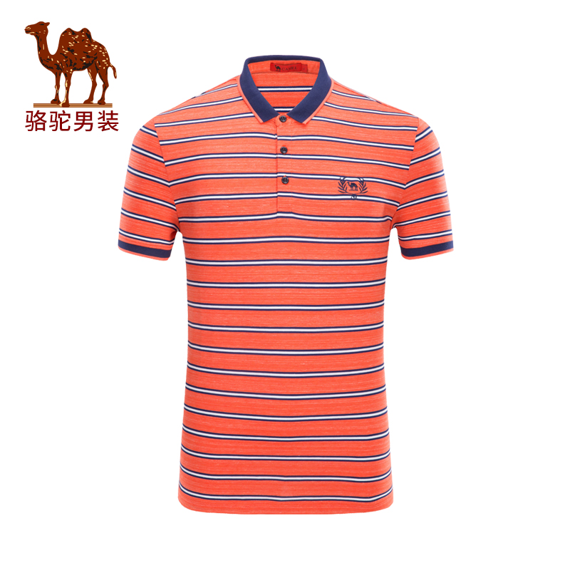 CAMEL骆驼男装 夏季新品时尚男士翻领绣标商务条纹花纱短袖T恤衫男