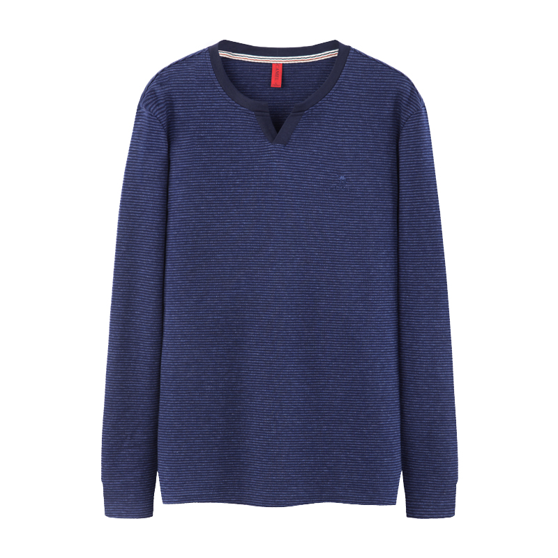 CAMEL骆驼男装 2018秋季新款青年棉质条纹上衣时尚撞色V领长袖t恤衫男