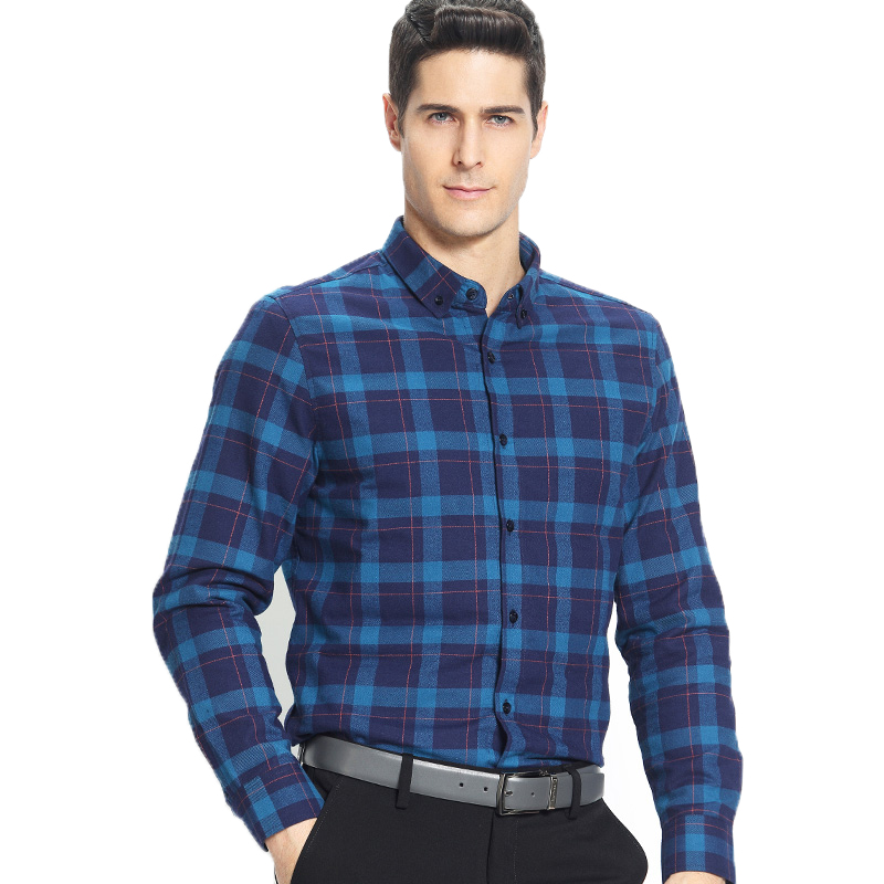 木笛冬季男士格子衬衫休闲青年商务修身男装加绒加厚羽绒保暖衬衣MDYR17D5706