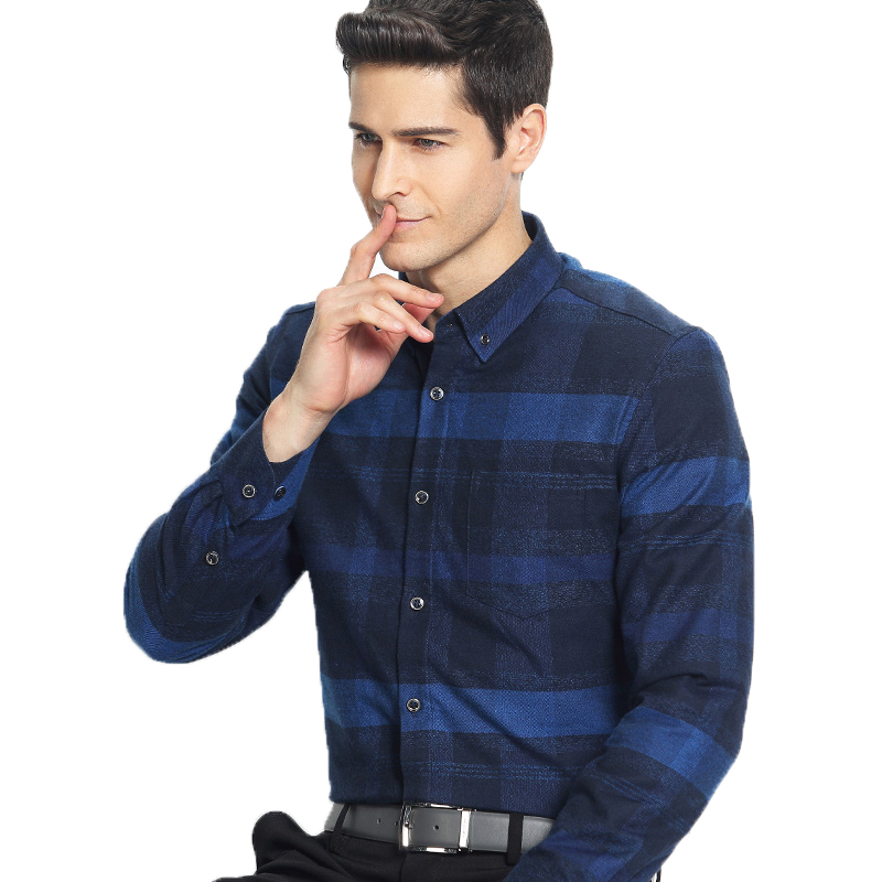 木笛男士保暖衬衫加绒加厚冬季新款青年羽绒内胆方领格子衬衣MDYR17D5609