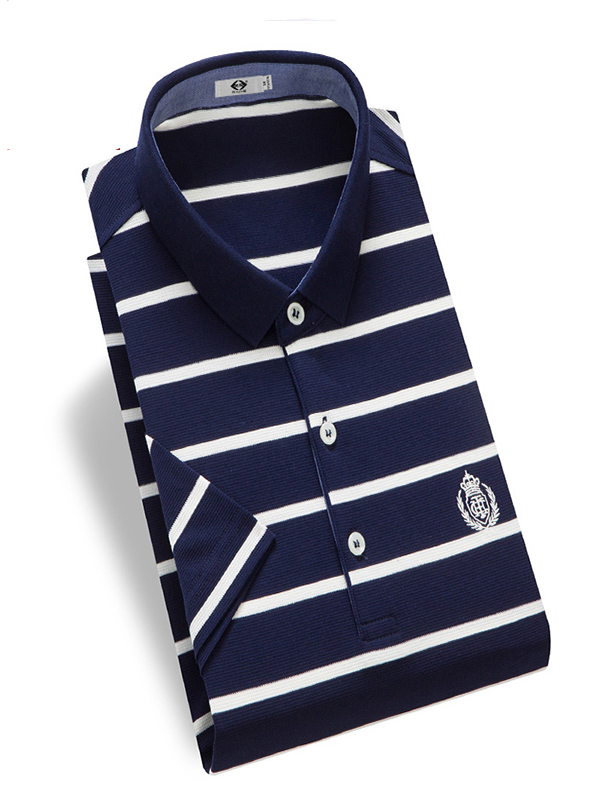 木笛2018夏季商务短袖T恤男士翻领修身条纹短T大码MDTX18B8232