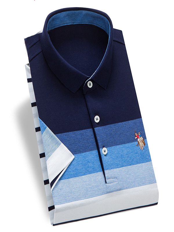 木笛2018夏季短袖T恤青年男士翻领修身条纹短T商务男MDTX18B8471