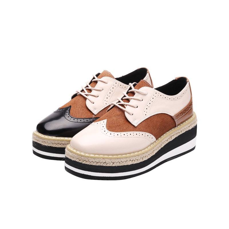 柏丽卡2018春季新款松糕底英伦风厚底布洛克鞋百搭休闲平底女单鞋