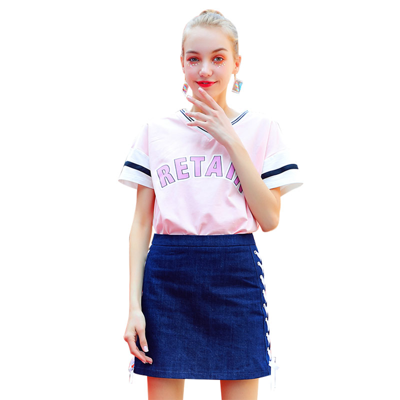 2018夏装新款短袖T恤女V领学生上衣少女心衣服可爱粉色超仙学院风