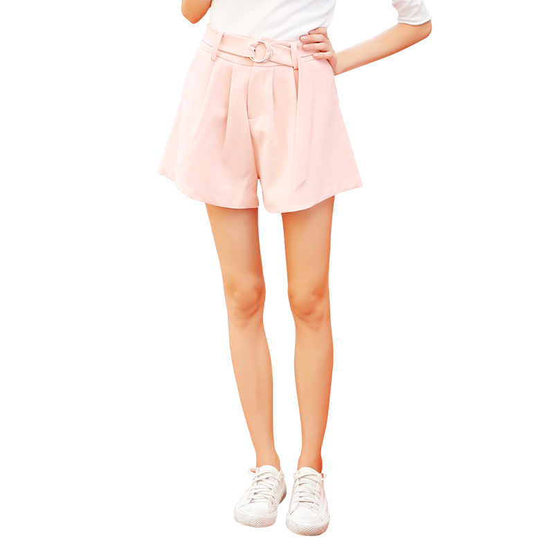 粉色a字阔腿裤薄款显瘦休闲短裤女2018新款夏季女生系带高腰裤子