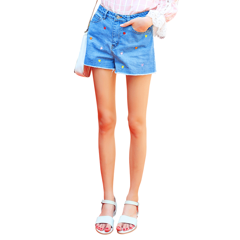 库恩玛维韩版阔腿牛仔短裤女高腰爱心宽松毛边学生A字热裤夏蓝色蓝色