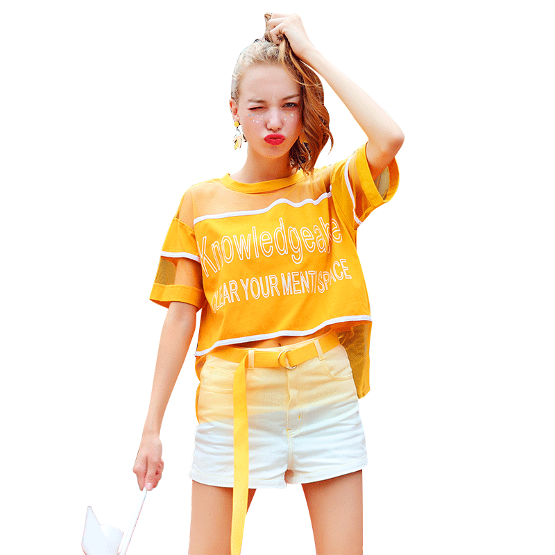 黄色短袖T恤女个性薄款网纱拼接性感透视学生镂空上衣2018新款夏