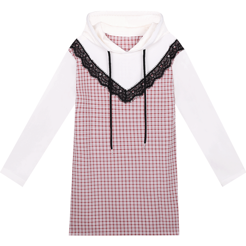 2018新款秋装甜美少女假两件裙子A字卫衣裙撞色拼接格子连衣裙女