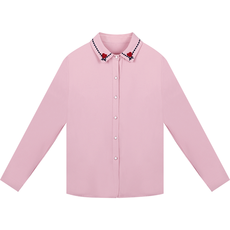 2018秋装新款长袖甜美可爱少女小清新刺绣衬衫女粉色翻领打底上衣