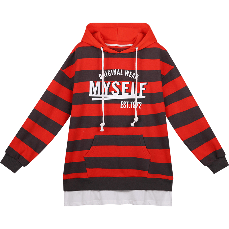 库恩玛维秋装韩版彩色条纹拼接白边假两件宽松连帽套头学生卫衣女