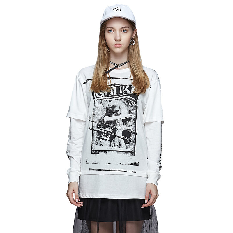 古由卡潮牌男女同款情侣装假两件长袖T恤2018秋装新品纯棉日系高街宽松打底衫T恤圆领上衣潮