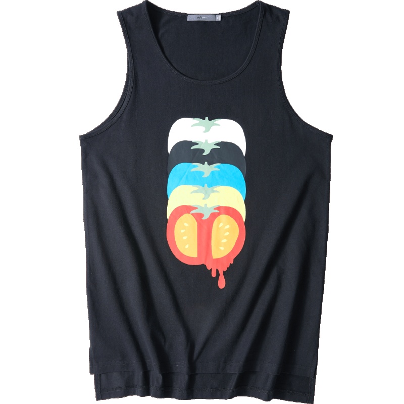 黑鲸西红柿印花背心男2019夏季前短后长无袖T恤男CNTBJ29196A