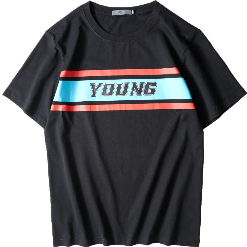 黑鲸撞色印花短袖T恤男2019夏季黑色短t男CNTBJ29497A