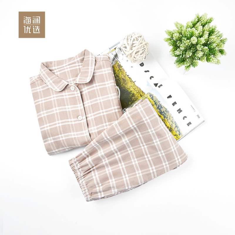 翻领棉质家居服女士秋冬格纹舒适情侣睡衣睡裤套装海澜优选