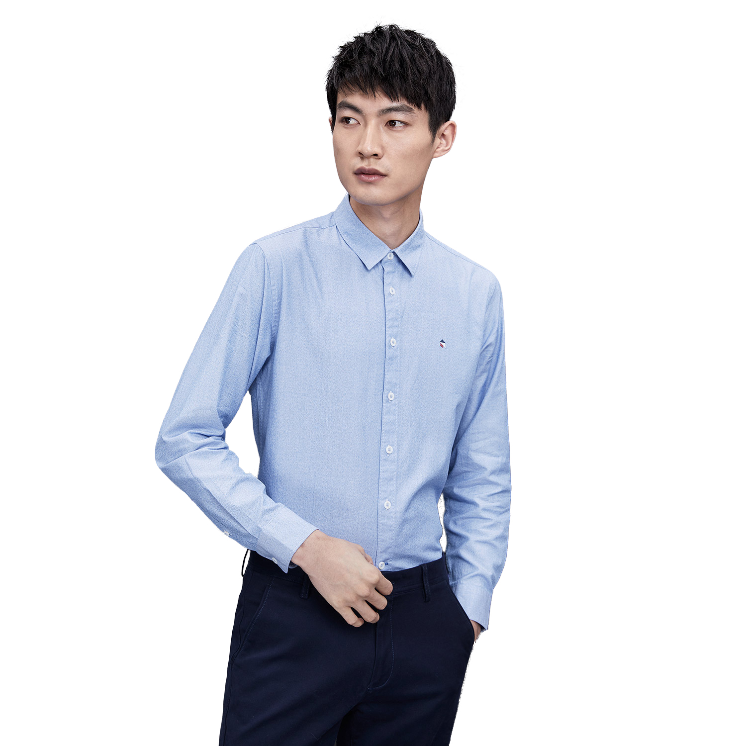 HLA海澜之家简约净色长袖衬衫2018秋季新品绣花休闲衬衫男HNEAD3E162A