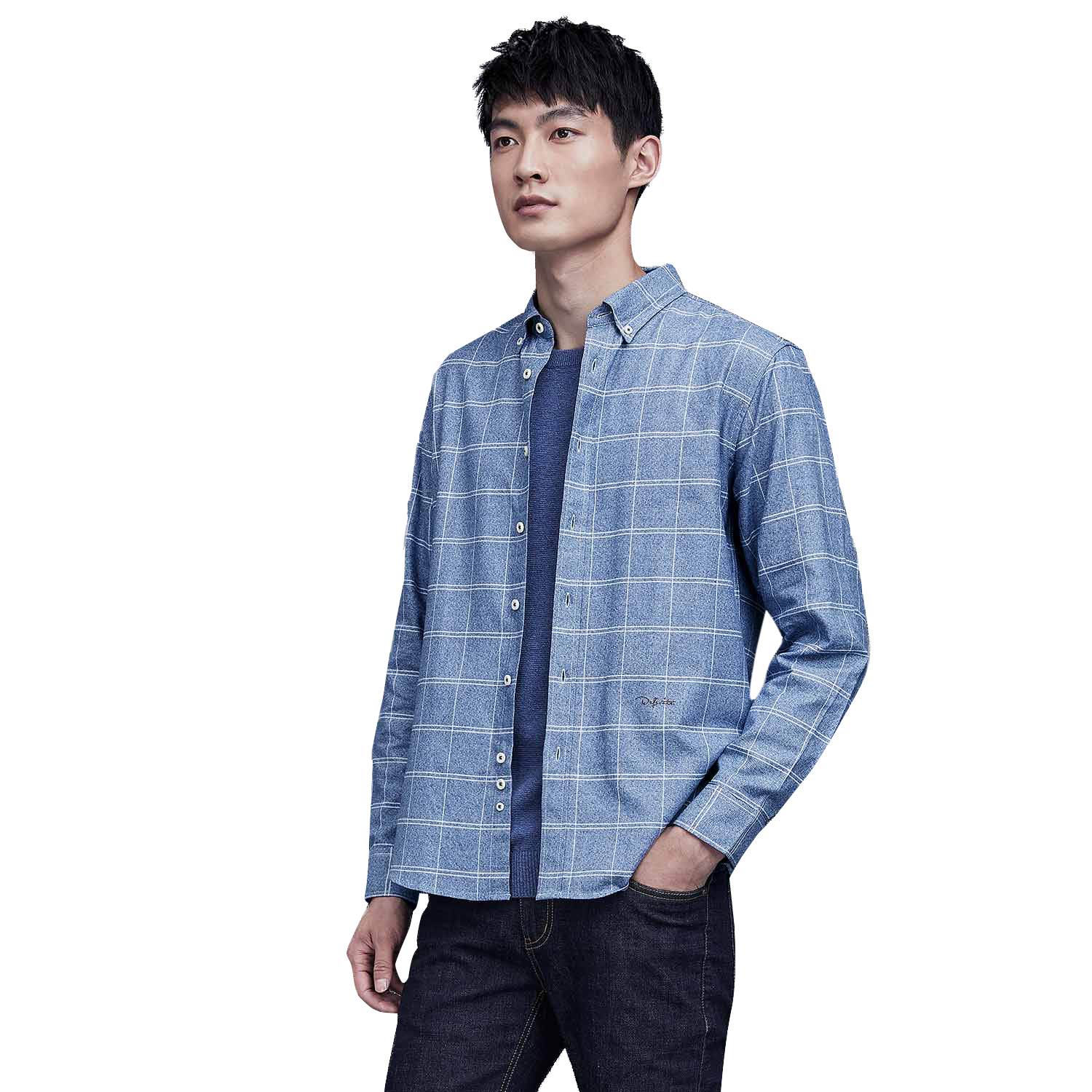 HLA海澜之家色织格纹衬衫2018秋季新品柔软长袖休闲衬衫男HNEAD3E171A