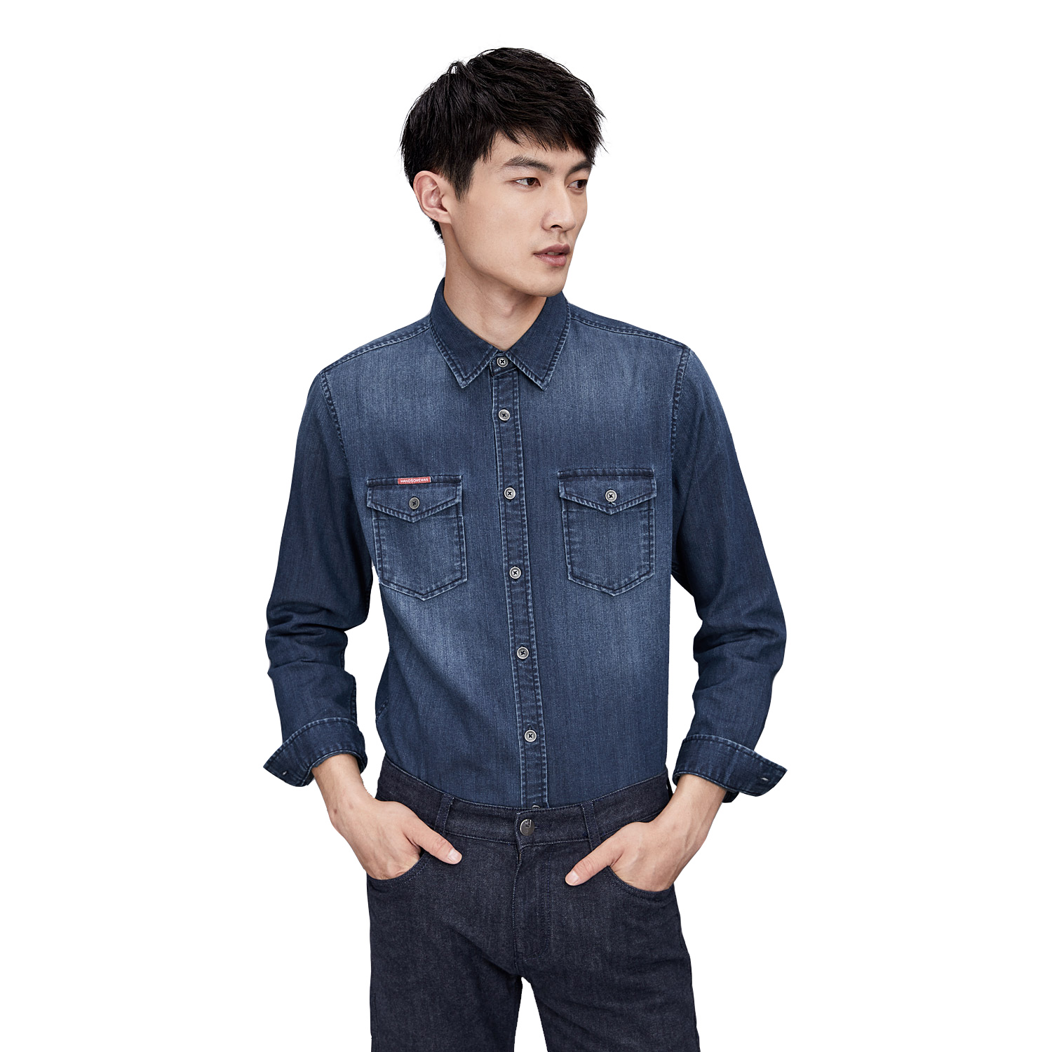 HLA海澜之家简约大方牛仔衬衫2018秋季新品舒适时尚长袖衬衫男HNEAD3E608A
