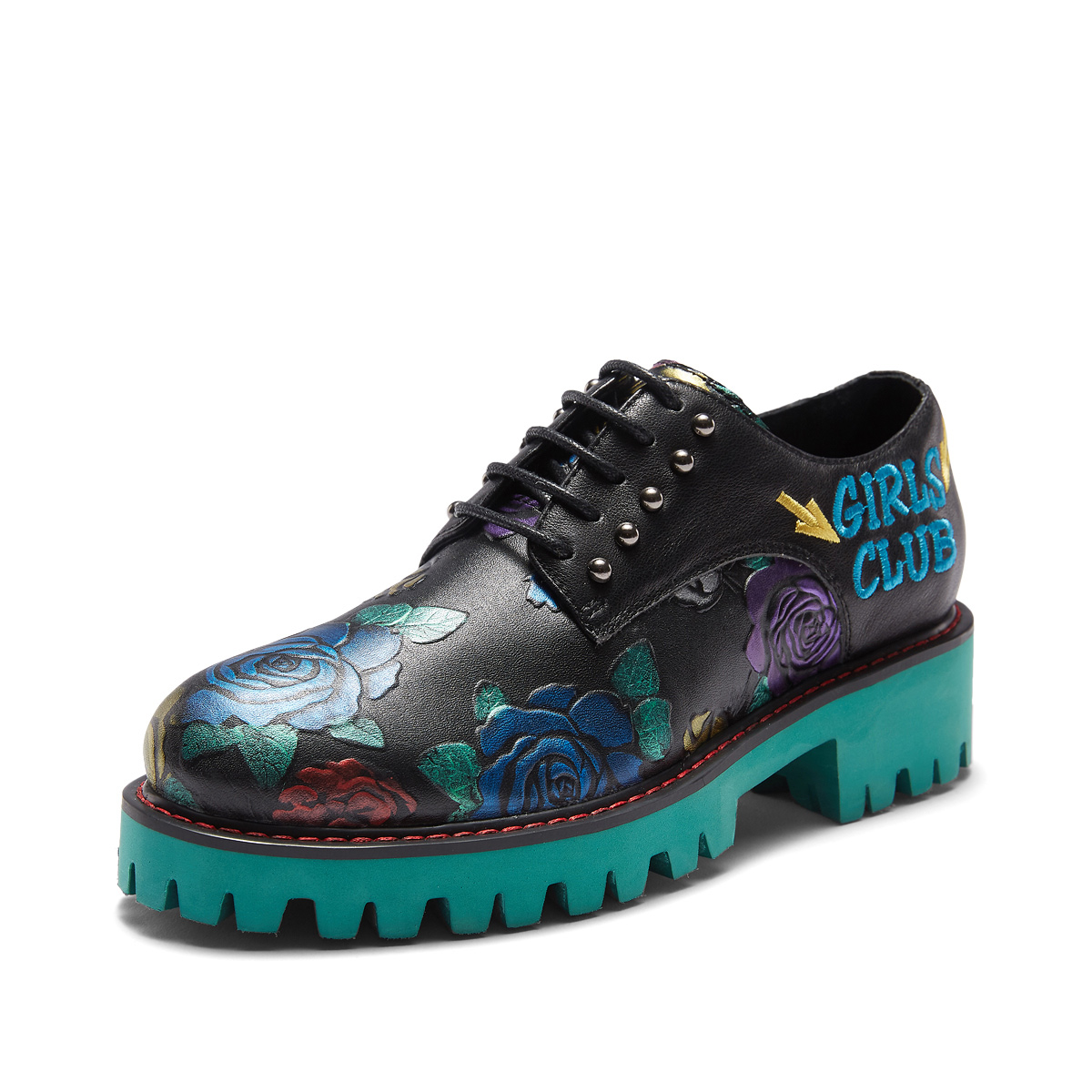 WIJI2017新款时尚真皮女鞋韩版潮流浅口粗跟系带休闲鞋个性单鞋潮