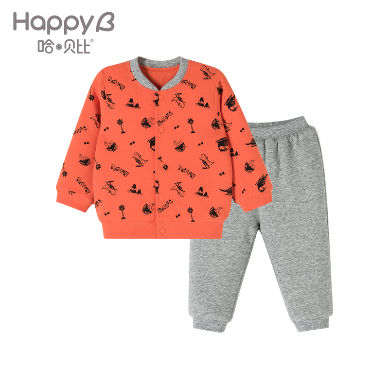 哈贝比（happyB）男女童冬季夹棉套装婴儿宝宝卡通印花加厚保暖两件套棉外套