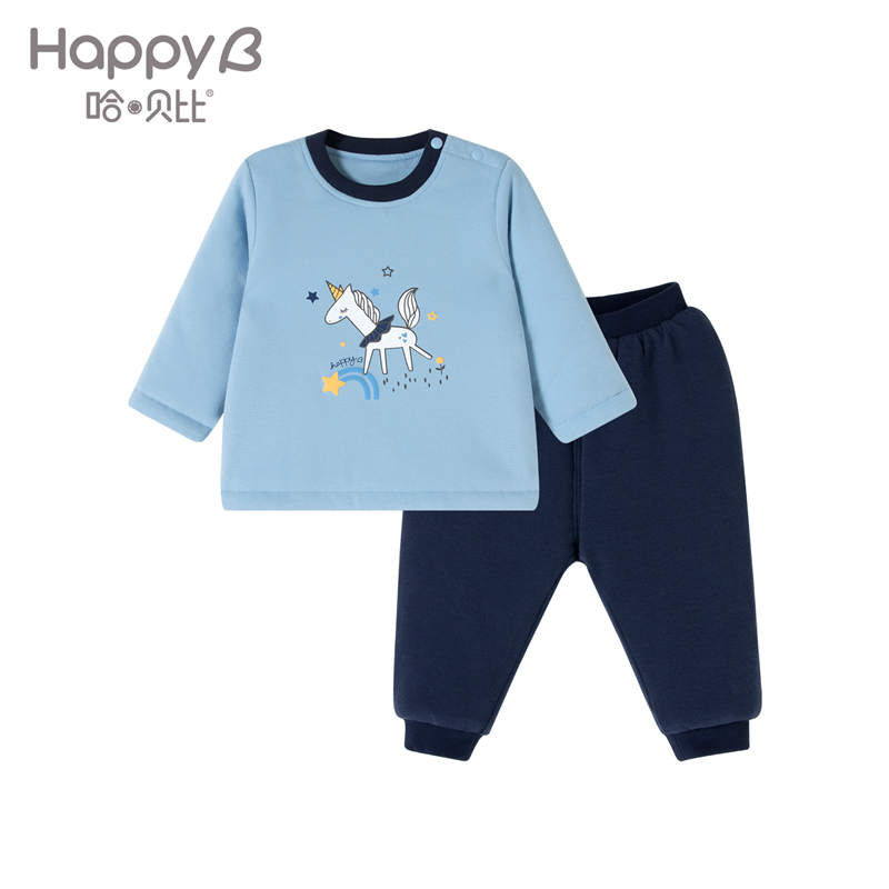 哈贝比（happyB）男童冬卡通印花夹棉套装婴儿宝宝加厚保暖两件套上衣裤子